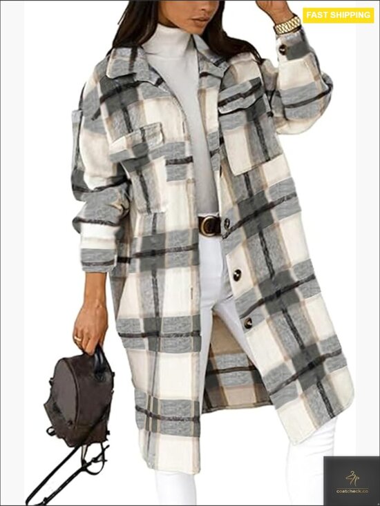 Jackets & Blazers - Long Flannel Plaid Jacket Shacket Cozy Lapel Button Down Shirt Jacket Fuzzy